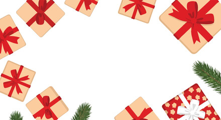 Fototapeta premium A festive vector illustration featuring wrapped gift boxes with red ribbons and green pine branches framing a blank central white space.