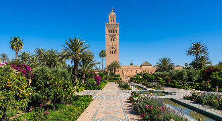 Fototapeta premium Koutoubia Mosque Minaret Under Blue Sky with Lush Gardens and Palm Trees, Marrakech Morocco