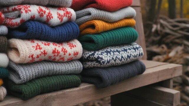 Stacked Cozy Knitted Sweaters Autumn Outdoor Display