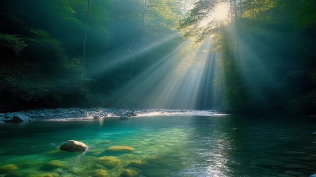 Sunlight Beams Through Lush Forest Onto Crystal Clear River