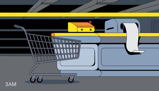 Empty shopping cart at checkout counter night vector