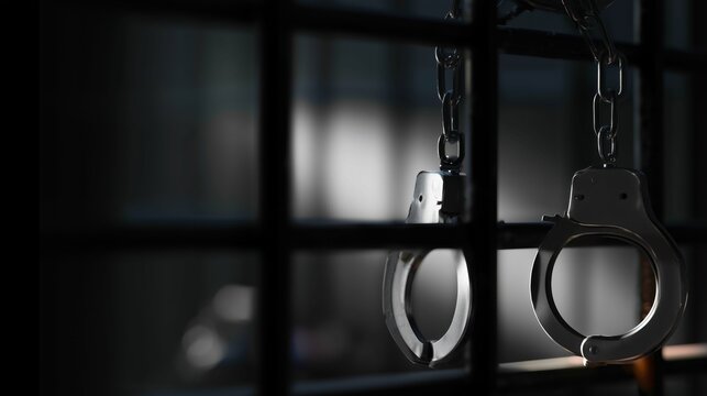 Criminal justice concept, a handcuffs attached to black prison bars, dark blurred detention background, investigative journalism theme,law enforcement and legal system concept, space for breaking news