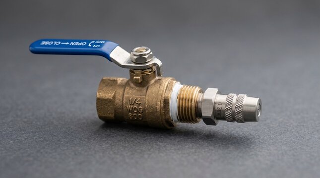 A shiny brass valve with a blue handle sits on a gray surface with a silver threaded end and metal stem corner flag fluttering in wind 202606121634