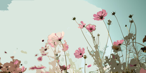 Pink cosmos flowers vector illustration with a soft pastel background © Anik