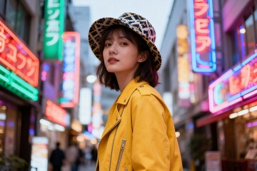 Fototapeta premium Fashionable Woman in Neon-Lit City Street