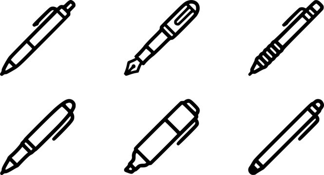 pen icon line art vector illustration, set of pens
