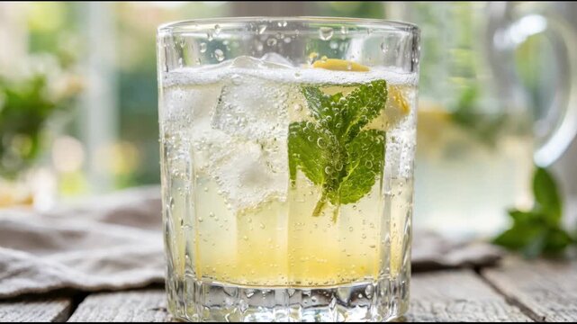 Refreshing citrus mojito drink in a glass with ice and mint. Summer cold sparkling lemonade cocktail on a wooden table. Fruity beverage for sunny hydration.