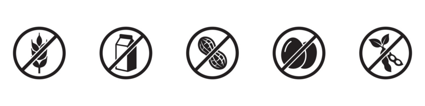Allergen free food icon set. Gluten, dairy, peanut, egg, and soy prohibited signs. Dietary restriction and product sensitivity symbols pack. Flat vector silhouettes collection. Vector Illustration, Ve