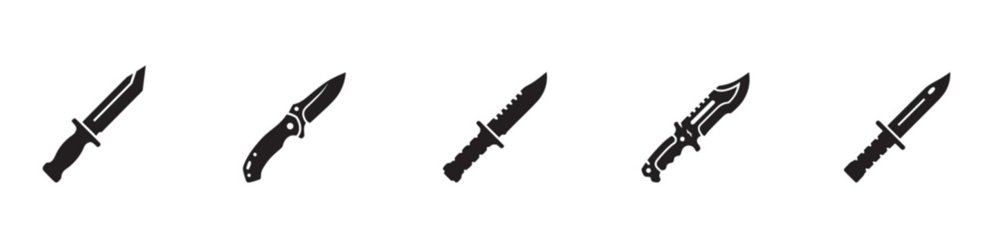 Tactical knife icon set. Military, survival, hunting, and folding pocket knives collection. Weapon blade silhouettes pack. Flat vector silhouettes collection. Vector Illustration, Vector Graphic, EPS 