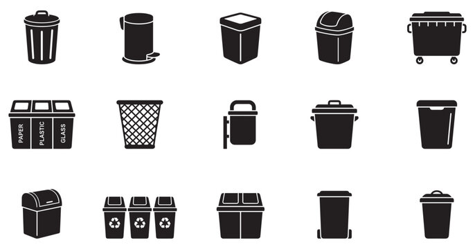 Trash bin icon set. Garbage can and waste recycling bin icon set. Trash containers, street dumpsters, office baskets, paper, plastic and glass sorting symbols. Flat vector silhouettes collection. Vect