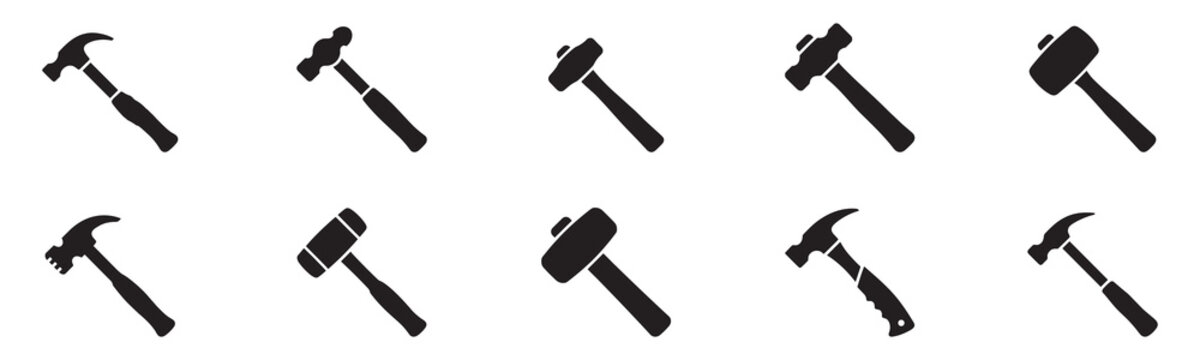 Hammer icon set. Hammer hardware tool icon set. Construction mallet symbol. Hand work tool for repair logo. Carpenter and builder equipment sign. Vector illustration. Vector Graphic. EPS 10