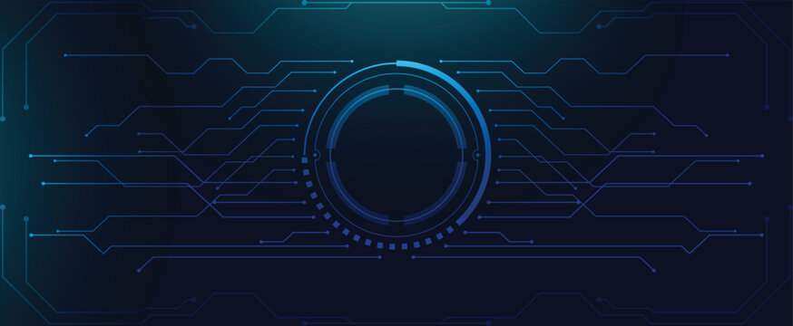 Futuristic glowing circle HUD interface with digital circuit technology background
