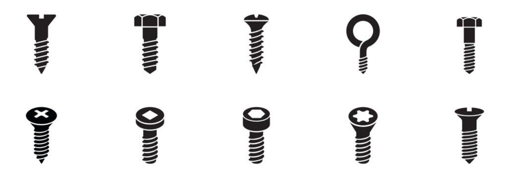 Metal screw and bolt icon set. Industrial fastener hardware symbol. Threaded anchor fixing tool logo. Construction components top view sign. Vector illustration. Vector Graphic. EPS 10