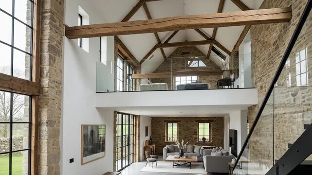 Modern Rustic Barn Conversion Interior with Large Windows and Open Plan Living