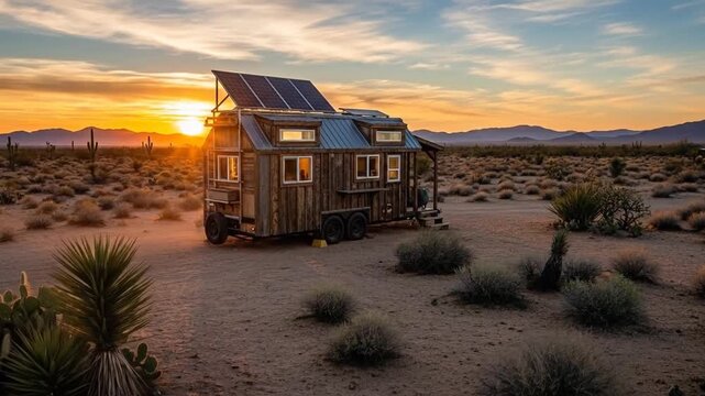 Tiny House on Wheels in Desert Sunset, Solar Powered Off-Grid Living