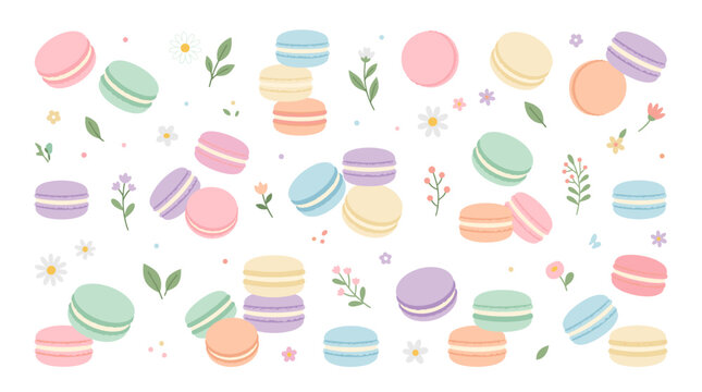 Sweet pastel macarons and delicate flowers scattered across a white background, a delightful and charming pattern
