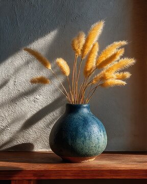Dried lagurus grass in a blue ceramic vase with dramatic shadows on the wall