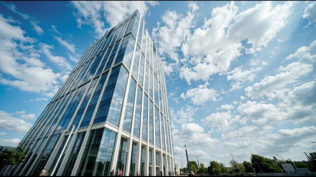 Tall glass skyscraper against blue sky with clouds. Modern architecture building exterior. Urban environment and corporate office district real estate development.