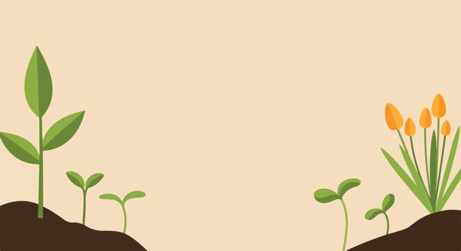 A simple flat vector illustration of green seedlings and orange tulips sprouting from brown soil patches against a beige background.