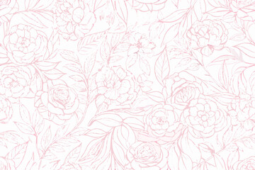 Delicate pink peony floral ornament line art style on white background © Anik