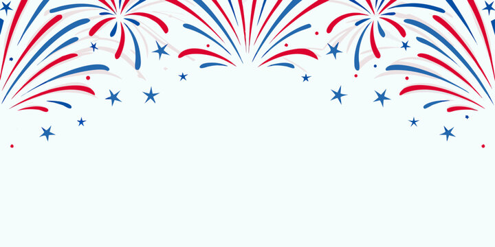 Fireworks display vector illustration with red and blue bursts on white background