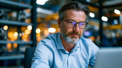 Obraz premium anti-bribery compliance officer conducting a third-party due diligence review on a laptop in an industrial procurement office, reviewing vendor risk scores and gift declaration logs, open-plan space