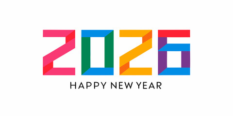 Colorful geometric typography displaying the year 2026 with new year greeting © Anik