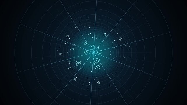 Network signals radiate from a glowing blue cloud on a dark background with email icons and lines.
