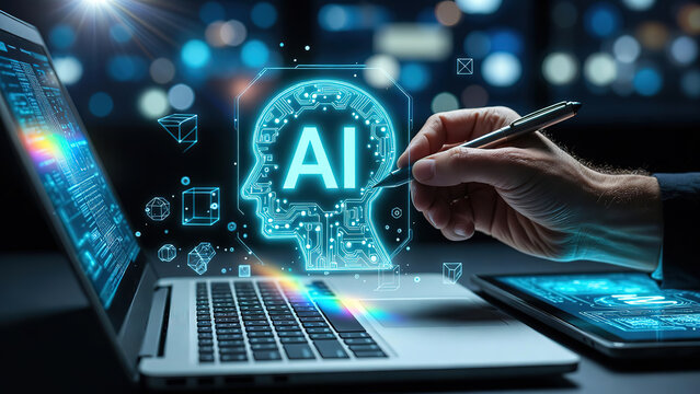 Artificial Intelligence Brain Icon, Digital Network Data Flow, Futuristic Technology Concept, Human Hand Interacting with AI Interface