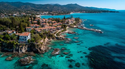 Obraz premium Mediterranean coastal town aerial view with turquoise sea and rocky shoreline