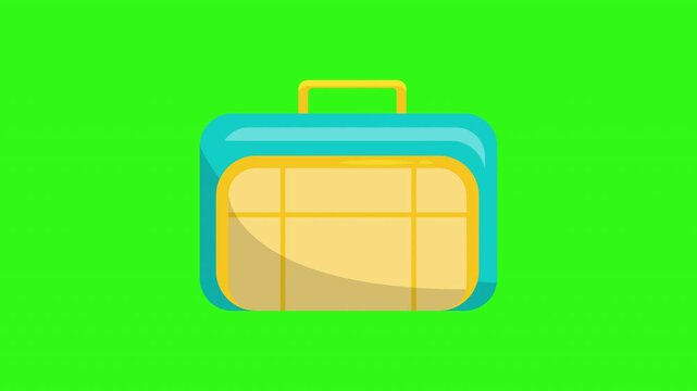 Blue and yellow travel suitcase icon for travel websites, blogs, apps, and vacationrelated designs. Flat design with green background.