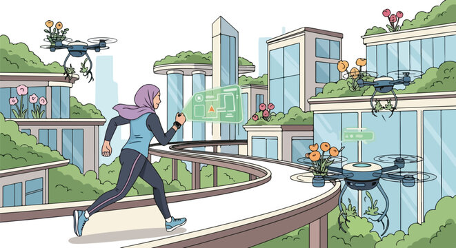 Woman runs on a futuristic city pathway with hovering drones nearby buildings