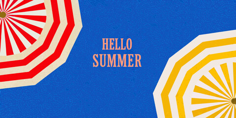 Beach Umbrellas Illustration With Radial Stripes And Blue Textured Background © Anik