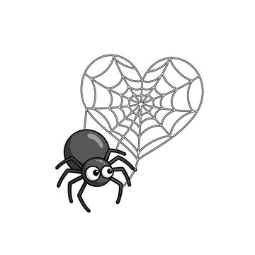 Cute cartoon spider with heart-shaped web on white background