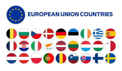 Fototapeta premium European Union countries flags icon set editable SVG vector. All EU member states national flags in round circle buttons isolated on white background.