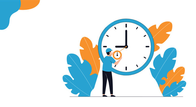 Young man adjusting hands of a giant wall clock surrounded by large orange and blue leaves in flat vector design.