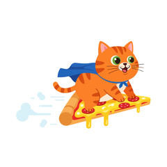 Fototapeta premium Superhero Cat Flying on Pizza Surfboard