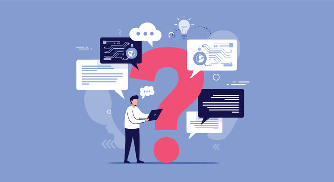 Business specialist searching for answers near a giant red question mark with digital data bubbles on blue.