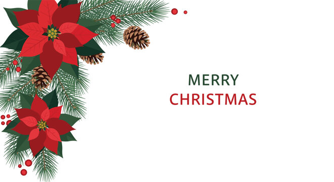 Festive background decorated with red poinsettia flowers, pine cones, and needles with Merry Christmas text.