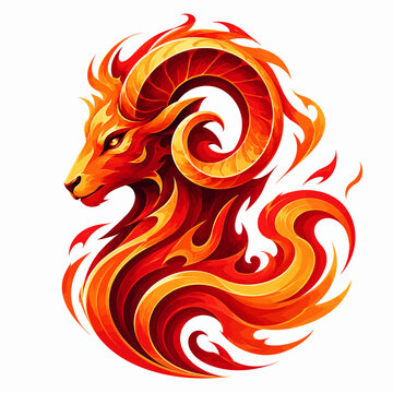 Stylized Fiery Ram Illustration with Flaming Horns Isolated on White, Representative of Aries Zodiac Sign with Vibrant Red and Orange Graphic Design.