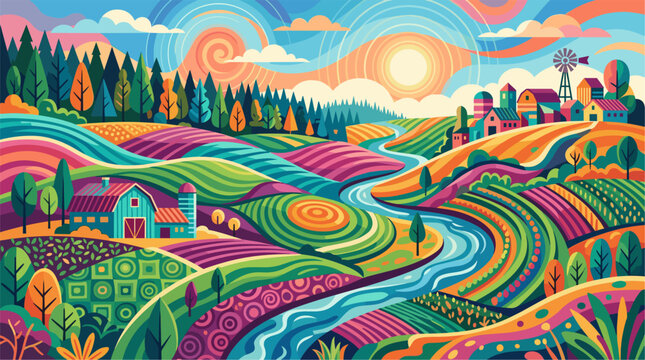 Dreamlike rural farm landscape vector