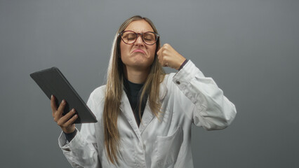 Woman in white lab coat holding tablet and making a scrunched face with closed fist near cheek in studio  disgust. © Krakenimages.com