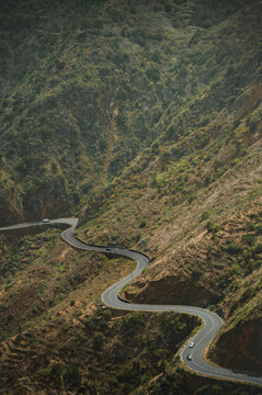 Winding mountain road through the rugged landscape of La Gomera, Canary Islands