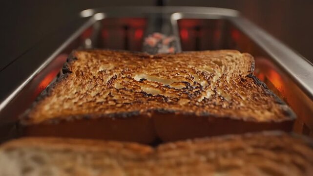 Macro Internal Perspective Moving Between Glowing Heating Elements as Slices of White Bread Brown Inside Hot Toaster