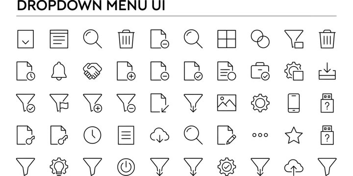 Collection of various black line icons for user interface design and navigation tools