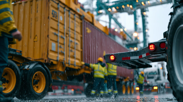Port container operations ground-level view showing stevedore crew guiding forty-foot container onto chassis trailer in rain, high-visibility vests soaked, hand signals coordinated with crane operat