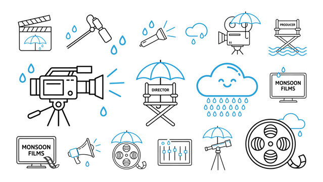 Film production and monsoon weather icons set with various filmmaking tools and symbols