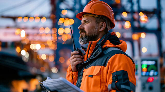 Port operations supervisor in hard hat watches massive container cranes load ocean freight vessels at dusk, radio in hand, cargo manifests on clipboard, carbon emission data display visible on docks