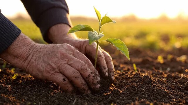 Close-up of old farmer's hands planting a young green seedling into fertile soil. Sustainable agriculture, earth day, and reforestation concept for environmental growth and cultivation.
