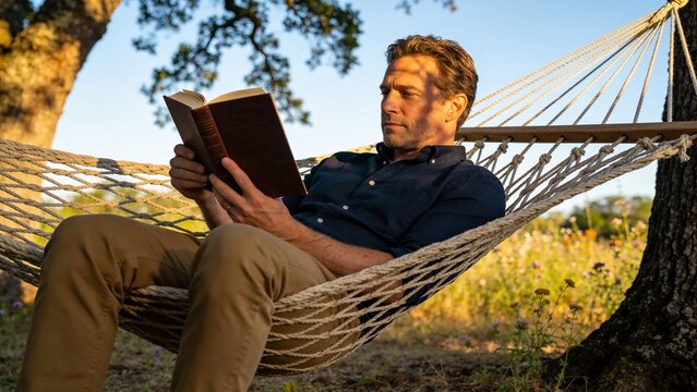 Happy man reading novel in comfortable hammock in nature